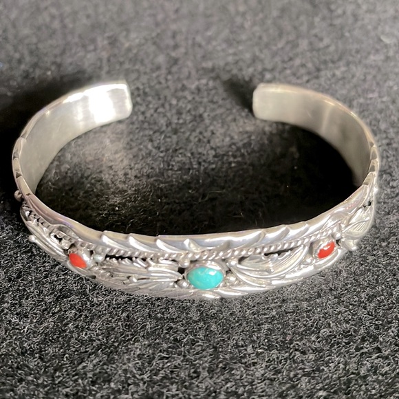 Turquoise & Coral Sterling Bracelet - Picture 3 of 4